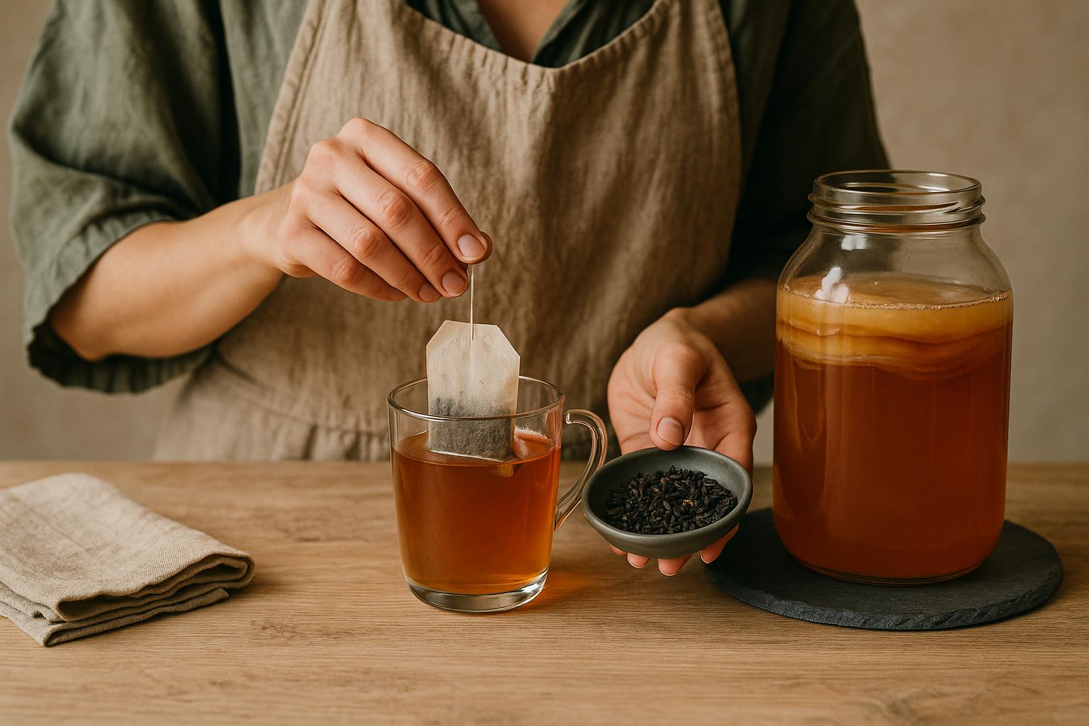 Teneur en caféine du kombucha comparée au thé et au café, illustration de la fermentation