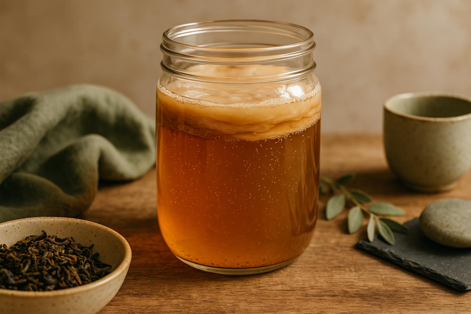 Femme buvant du kombucha le soir en se questionnant sur la teneur en caféine