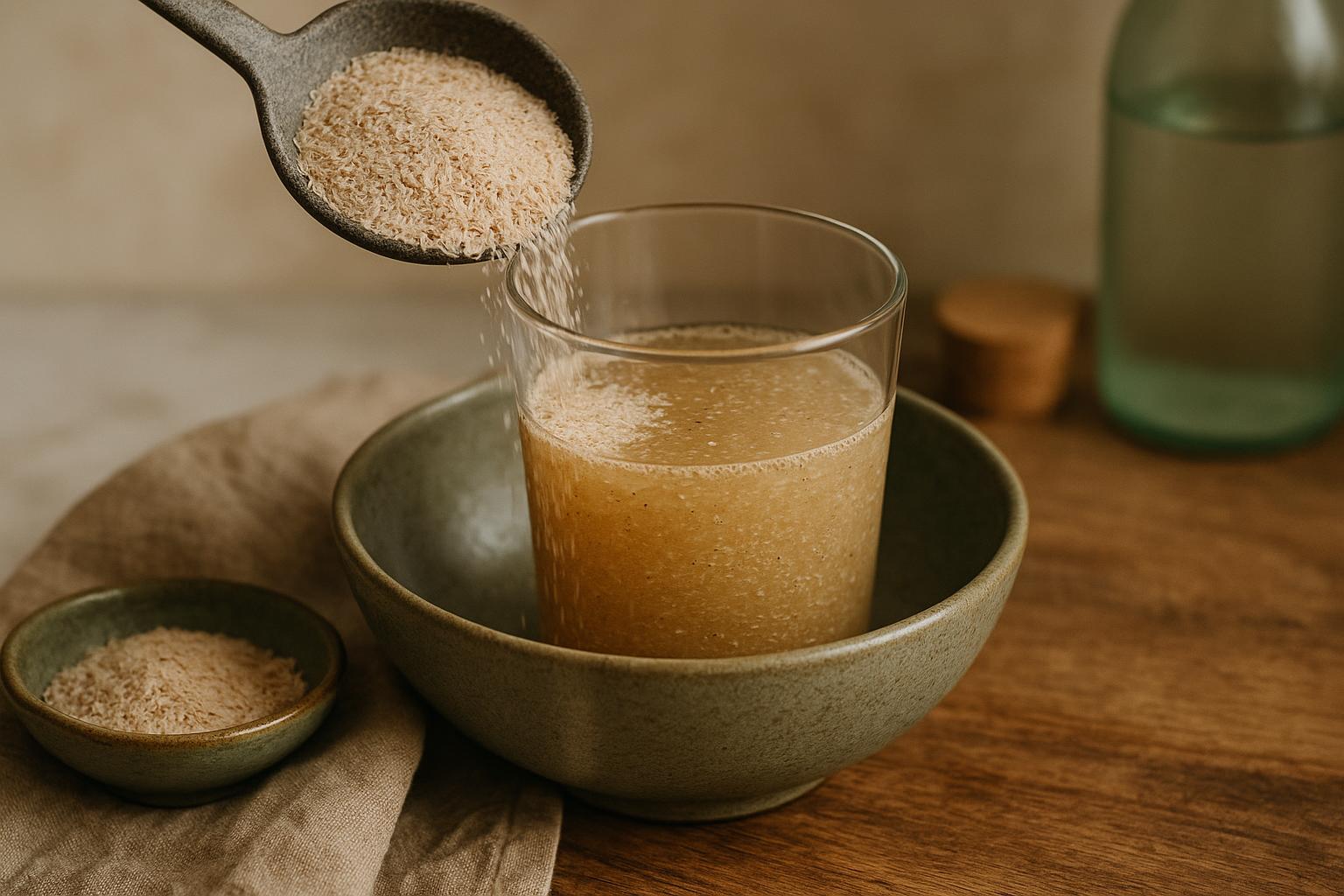 Verre d'eau avec psyllium blond pour soulager la constipation naturellement