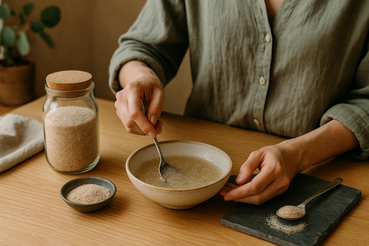 Graines et poudre d'ispaghul ou psyllium Plantago ovata avec un verre d'eau
