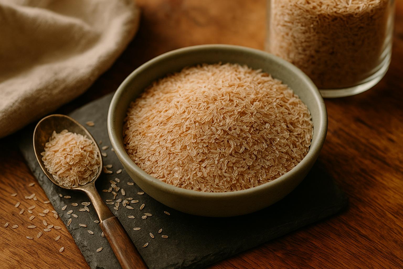Dosage et préparation d'ispaghul ou psyllium en poudre mélangé dans un verre d'eau