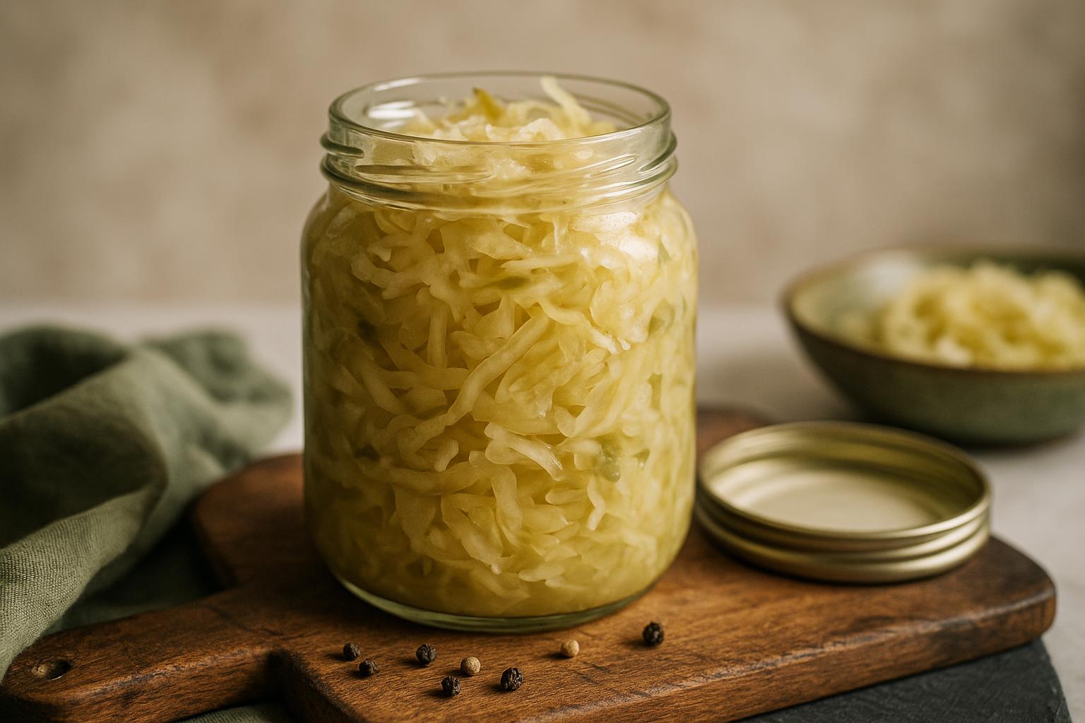 Préparation d'un legume lactofermenté maison : bocal en verre avec carottes et choux en saumure