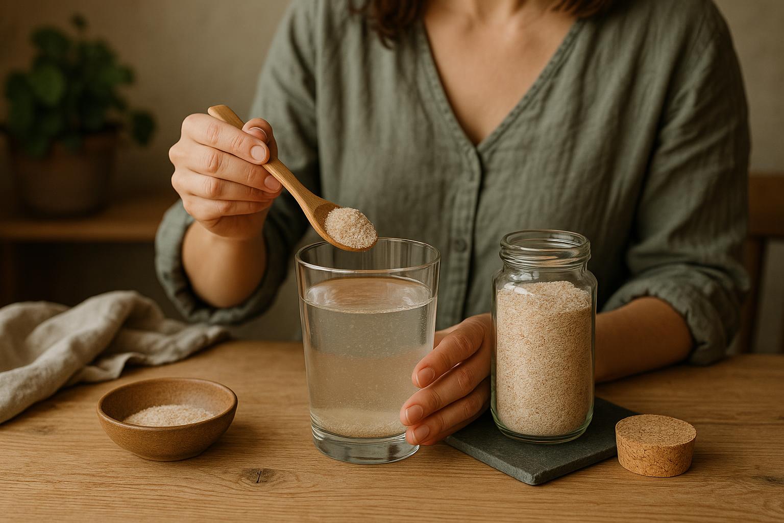 Pot de psyllium blond avec un verre d'eau illustrant la prise quotidienne de psyllium
