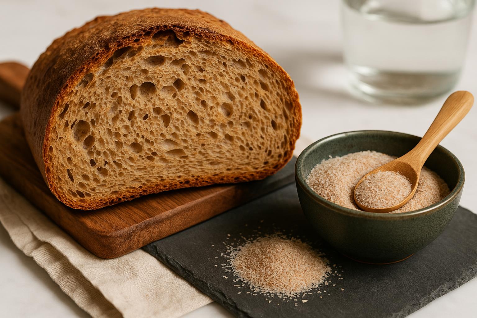 Psyllium blond en poudre à côté d'une miche de pain illustrant pourquoi mettre du psyllium dans le pain pour la texture