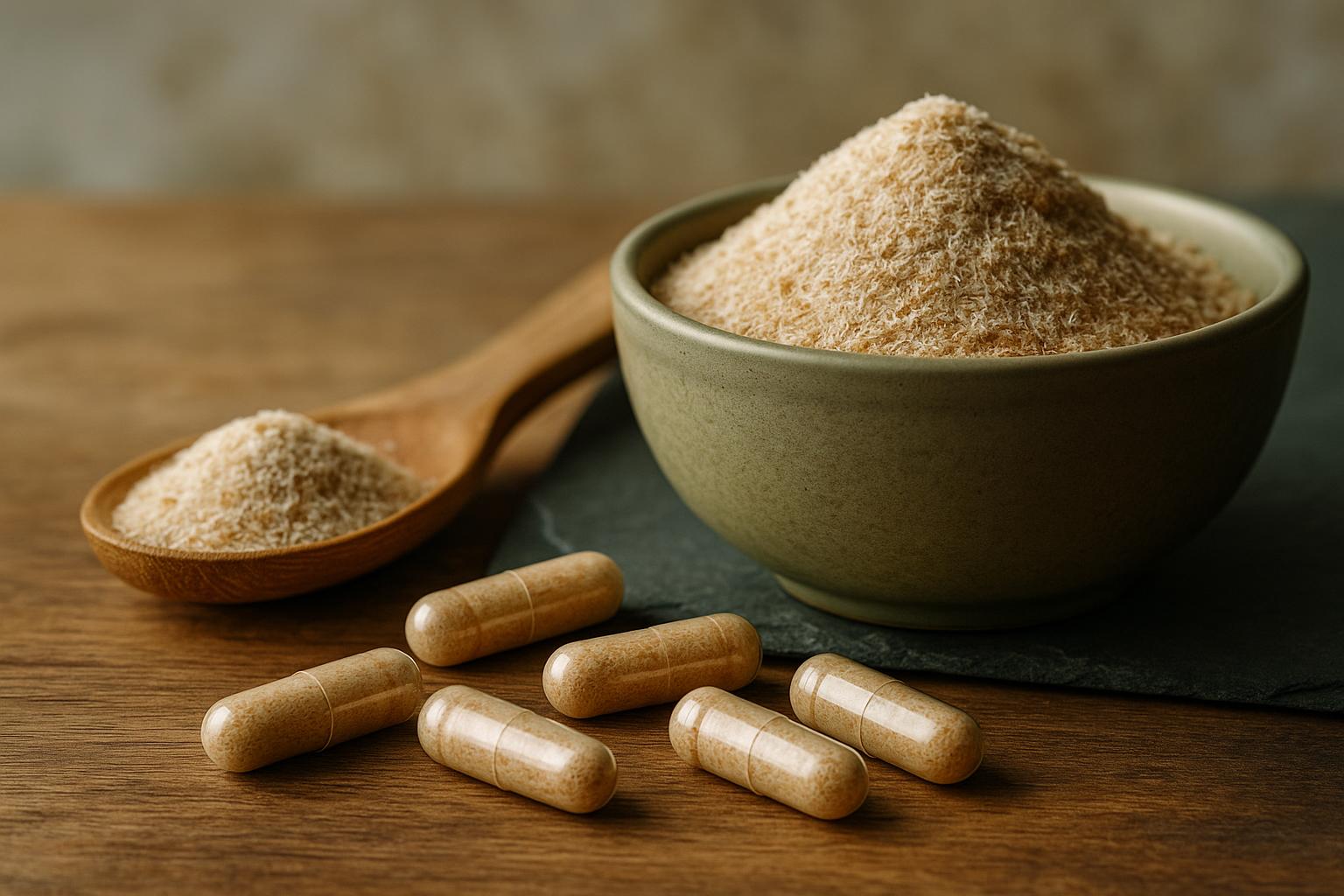 Gélules de psyllium et poudre de psyllium avec verre d'eau pour illustrer le choix de forme