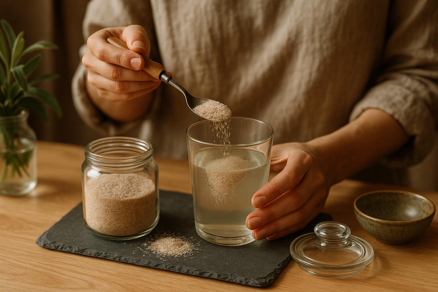 Mesure de la dose de psyllium pour nettoyer le côlon avec une cuillère et un verre d'eau