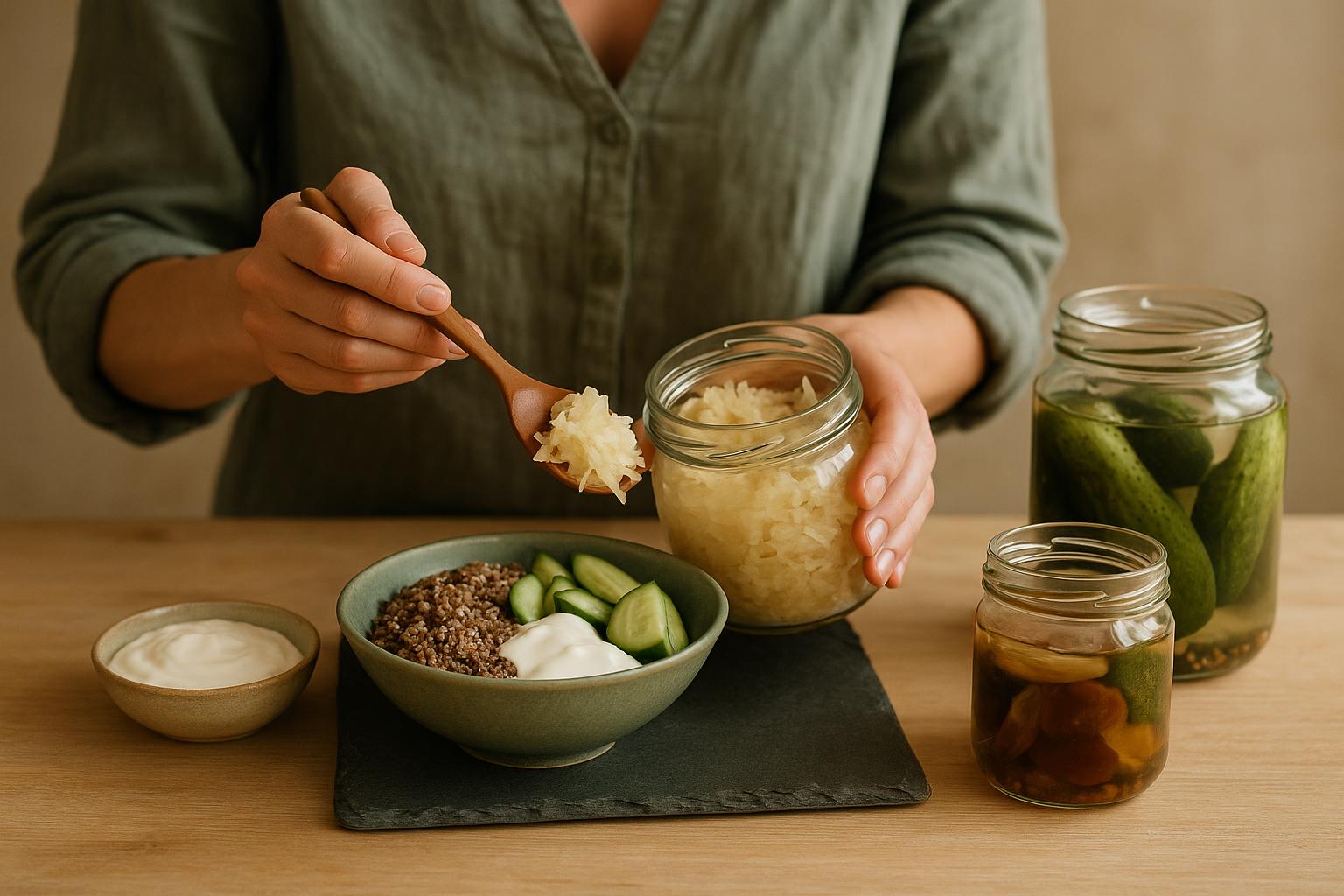 Tabelle mit natürlichen probiotischen Lebensmitteln: Joghurt, Kefir, Kimchi und Sauerkraut, reich an lebenden Bakterien
