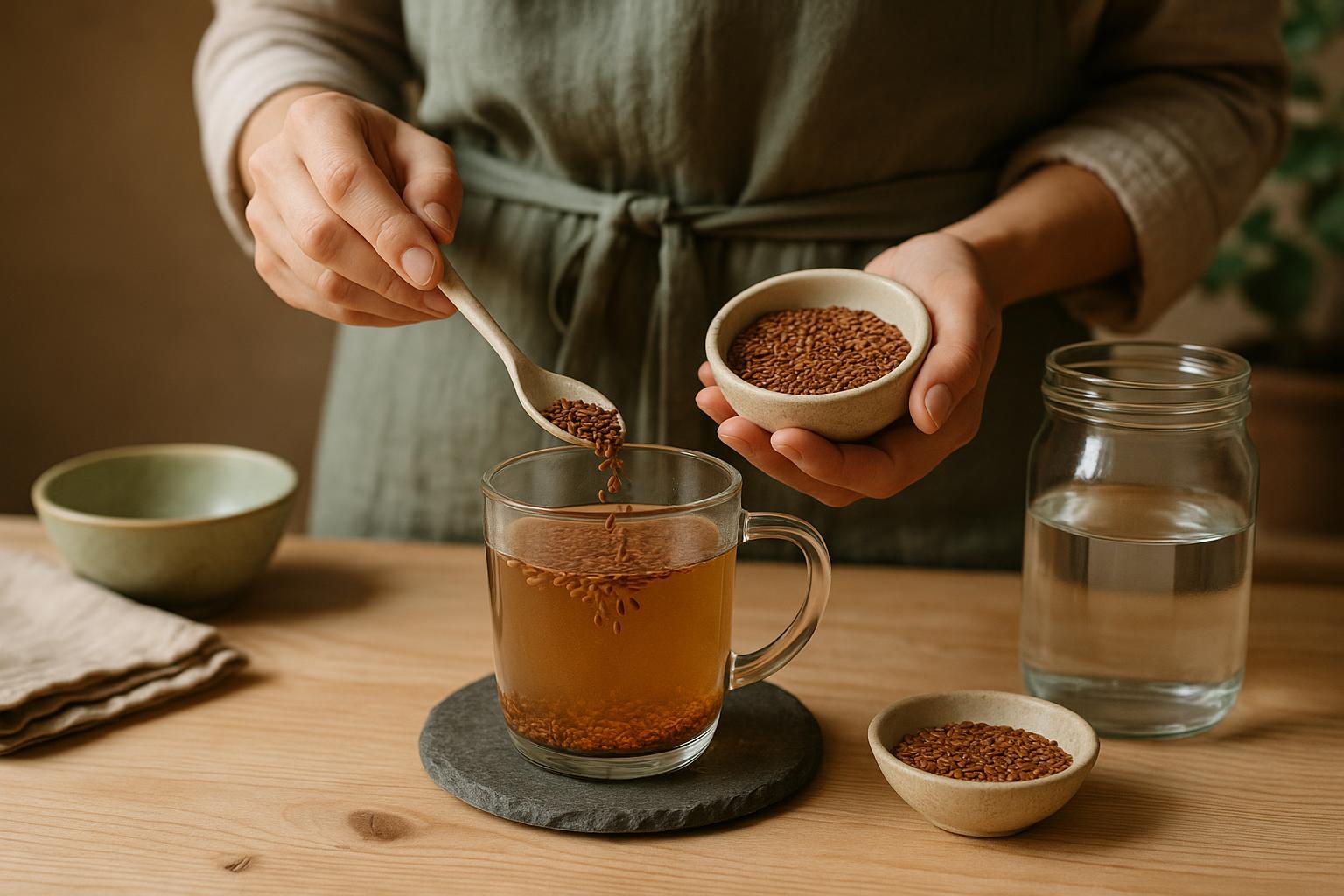 Graines de lin moulues dans une cuillère pour maigrir, avec un verre d'eau